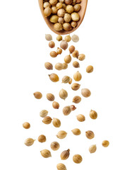 Coriander seeds falling from wooden spoon on transparent background