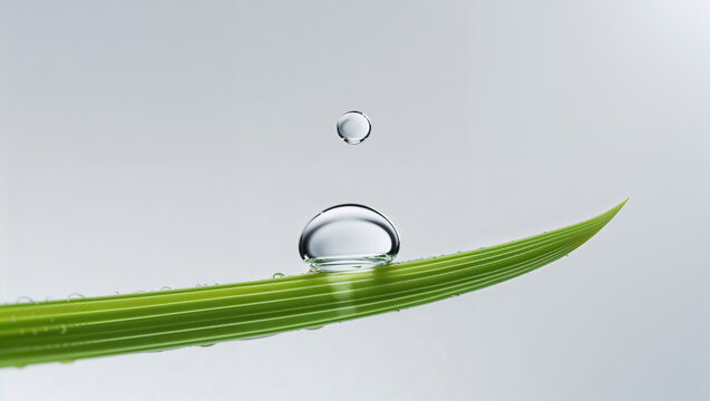 Dew drop suspended above leaf blade in tranquil minimalist still life