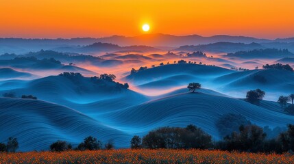 Majestic Sunrise Over Rolling Hills with Vibrant Blue and Orange Sky