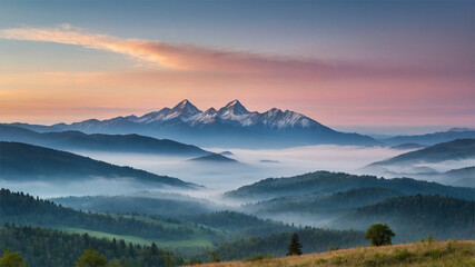 Serene Mountain Landscape of Distant Peaks Above a Layered Foggy Valley