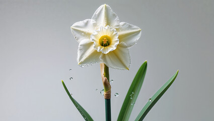 Obraz premium Elegant White Narcissus Flower With Water Droplets Isolated On Grey Background