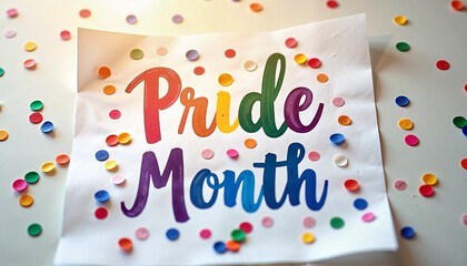 Pride Month celebration banner with colorful confetti background  