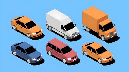 Isometric Vehicles Illustration – Set of Urban Transport Cars and Van