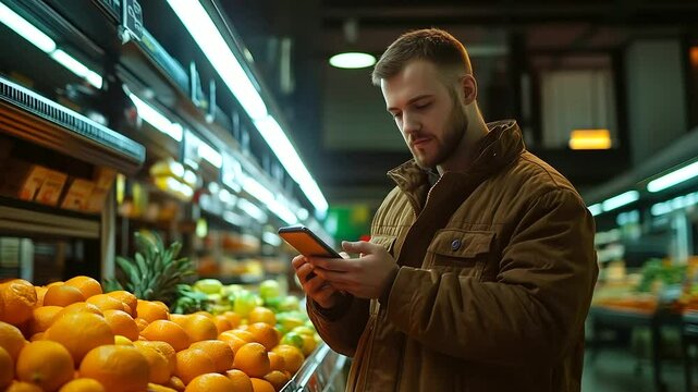A confident man in a brown jacket stands near the produce section, holding his smartphone. Bright lights illuminate stacks of oranges and snack shelves as he engages with his mobil