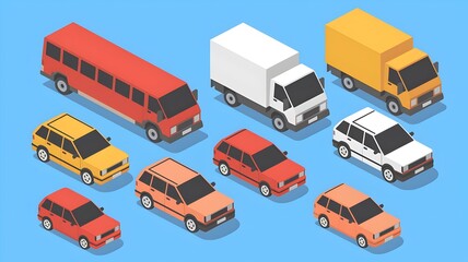 Isometric Vehicles Illustration – Set of Urban Transport Cars and Van