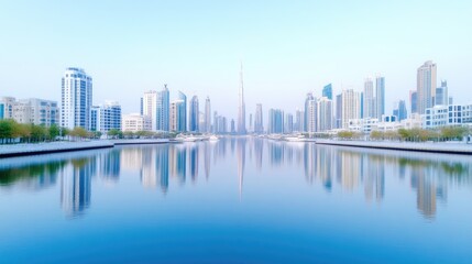 Modern city skyline reflected in tranquil waters