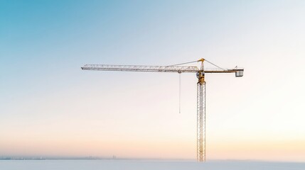 Construction Crane Winter Landscape, Minimalist Style, High-Definition, Wide Shot, Metal Structure, Idleness Concept, Frozen Plain Background, Pale Cool Tones, Ideal for Construction Ads