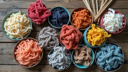 Colorful yarn collection on wooden table with knitting needles