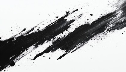 dramatic black ink splatter on pristine white canvas creating bold calligraphic strokes reminiscent of japanese sumie art textured edges and subtle gradients add depth and movement