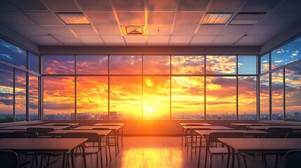 A serene classroom with sunset views, creating a peaceful learning atmosphere.