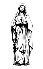 A girl holding a necklace with a cross and praying to God. Virgin Mary. Black and white illustration of a holy woman. A woman nun serving in a church.