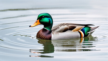 Obraz premium Mallard duck swimming calmly in a pond with rippling water surface
