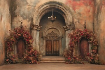 Aged stone building, ornate arched doorway, adorned with reddish floral arrangements
