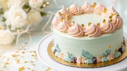 Festive cake with pastel colored icing placed on a white plate with golden confetti and elegant floral decorations