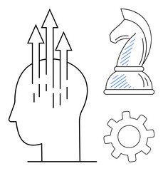 Human profile with upward arrows, knight chess piece, and gear symbolizing strategy, growth, and problem-solving. Ideal for innovation, leadership, decision-making, planning progress creativity