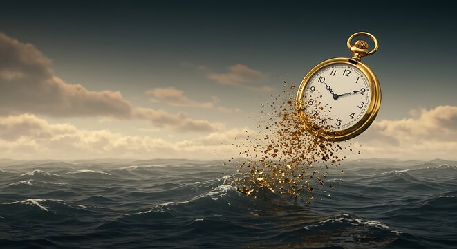 Golden Pocket Watch Dissolving into the Sea: A Symbol of Fleeting Time - Powered by Adobe