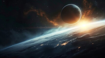 Obraz premium Awe-Inspiring Celestial Scene Mystical Planet, Enigmatic Moon, and Swirling Nebula in Deep Space - Cosmic Exploration and Wonder