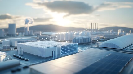 A modern battery storage facility is seamlessly integrated into a smart city, showcasing electric vehicles and solar panels.