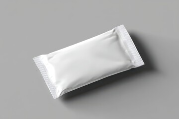 Blank Food Packaging Mockup: A pristine white, foil-sealed food package mockup, perfect for showcasing your brand and product design. This vertical.