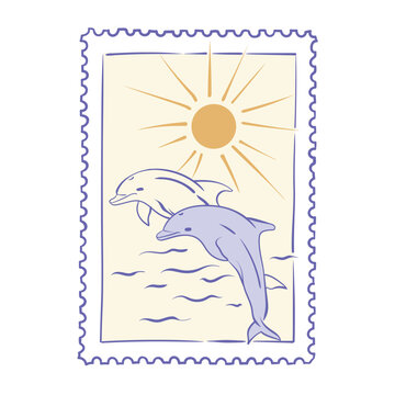 Dolphin fish sketch drawing and summer sun. Hand drawn sea dolphin on postage stamp. Vintage hand drawn sketch vintage sticker, travel postcard. Engraved sea animal. Blue engraving doodle.