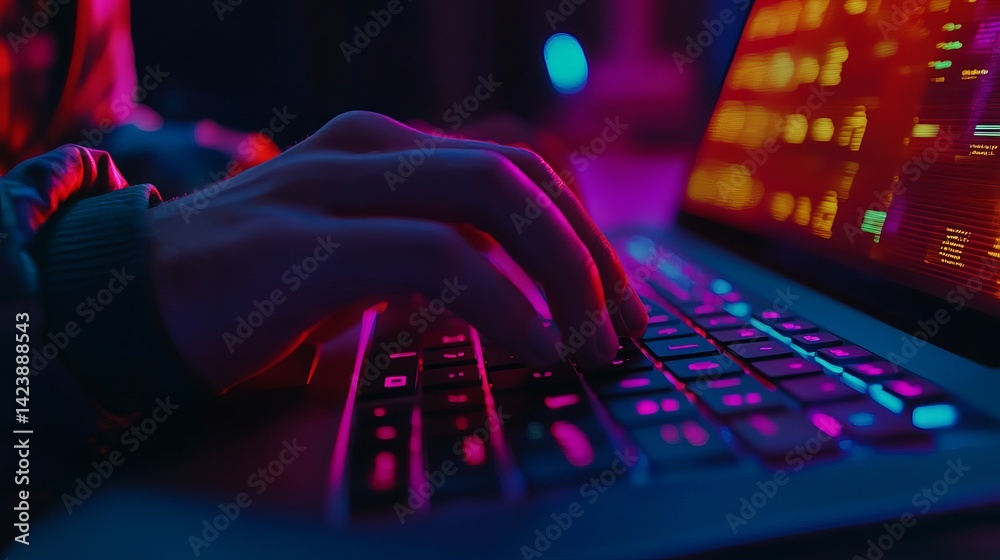 Poster closeup hands typing on illuminated laptop keyboard neon pink blue light digital technology programm