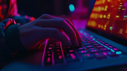 Closeup Hands Typing on Illuminated Laptop Keyboard Neon Pink Blue Light Digital Technology Programmer Coding Night Work Online Internet Computer Screen Cybersecurity Data Programming Software        