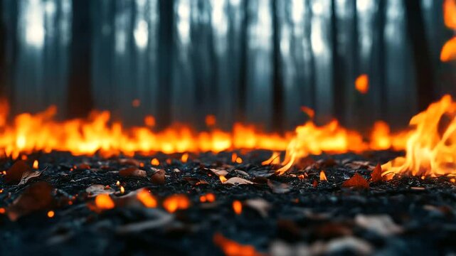 A wild forest floor engulfed in orange flames, dry leaves crackling under the heat. The image serves as a compelling visual for promoting fire safety and raising awareness about th