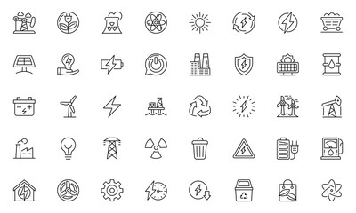 Power energy line icons set. Energy generation station. Vector illustration alternative renewable energy sources included solar, wind, hydro, tidal, geothermal and biomass Editable strokes