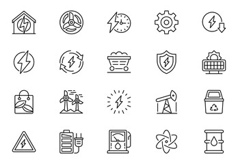 Power energy line icons set. Energy generation station. Vector illustration alternative renewable energy sources included solar, wind, hydro, tidal, geothermal and biomass Editable strokes