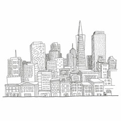 Naklejka premium Vintage city skyline engraved illustration featuring architectural details and distinct buildings for historical urban art