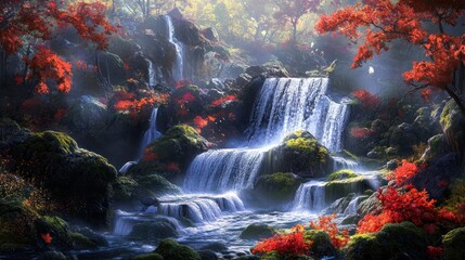 Autumn waterfall cascading through rocks in a forest.  Possible use Stock photo for nature lovers, travel promotion, or wallpaper