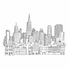 Engraved city skyline illustration in vintage style, highlighting architectural details and distinctive buildings for urban art collections


