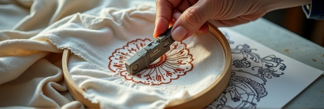 Hand embroidering fabric with artisanal pattern and precision tool