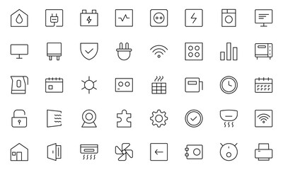 Fototapeta premium Smart house Line icon set. Sustainable development. Contains such icons as renewable energy, autonomous building, air and water quality.