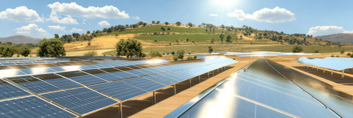 Expansive solar panel array situated in a scenic, rural landscape with rolling hills