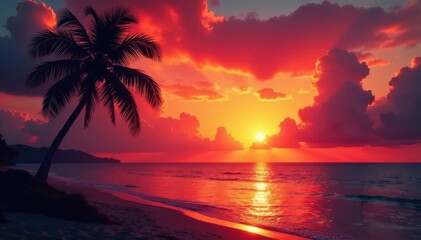 Vibrant sunset paints the sky, coconut palm silhouetted against fiery hues reflecting on tranquil sea , ocean, peaceful