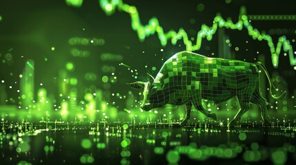 Glowing Green Digital Bull - Futuristic 3D Rendering in Abstract Cityscape, Innovative Finance Concept with Luminous Details
