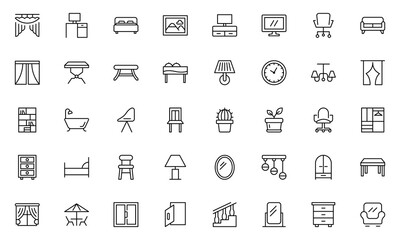 Home Decor line icon set. Kitchen, living room, decoration, bedroom, interior design, dishes, devices, finishing, household, appliances, stylish line icon set