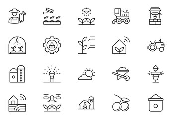 Fototapeta premium Smart farm agriculture line icon set. Farming, gardening, agriculture, digital, ideas, food, animals, seeding, plants, and harvesting icon collection. outline icon set