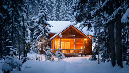 Winter Cabin in a Snowy Forest: Nestled amidst a serene winter landscape, a cozy wooden cabin exudes warmth and inviting light, offering a haven of comfort within a tranquil snow-covered forest.