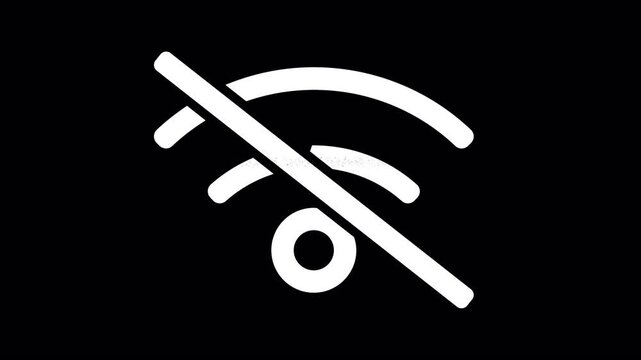 Icon wifi slash is distorted. Glitch. Noise, chromatic aberration, geometric distortion. Transparent background, looped. In-Out looped. Alpha BW at the end