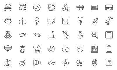 Baby Product and Game outline Icon Set. A charming collection of icons designed for parents and caregivers, perfect for websites, apps, and marketing 