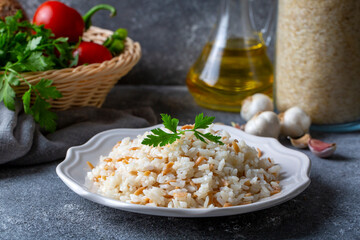 Traditional delicious Turkish food; Turkish style rice pilaf (Turkish name; Arpa sehriyeli pirinc...