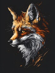 Colorful Fox Portrait Digital Art Illustration &ndash; Vibrant Wildlife Design with Orange Fur on Black Background