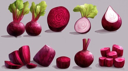 A collection of beetroot in different forms--whole, sliced, and diced--arranged neatly on a transparent background for culinary inspiration