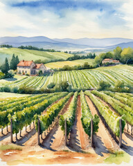 A serene watercolor of lush vineyards with rolling hills under a bright sky, capturing the essence of countryside beauty.