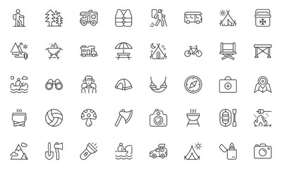 Camping outline icon set. hike, tourism, camp and travel - series. Set of line icons in linear style. Outline icon collection. Conceptual web pictogram.