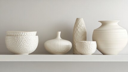 A collection of fine ceramics, with delicate patterns and smooth textures, carefully displayed on a polished shelf for a touch of luxury