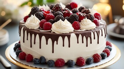 Homemade birthday cake with whipped cream fresh berries and elegant chocolate drizzle styled for a luxurious party