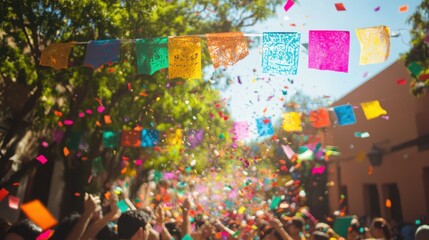 Naklejka premium crowd enjoying celebration of Cinco de Mayo at street on sunny day